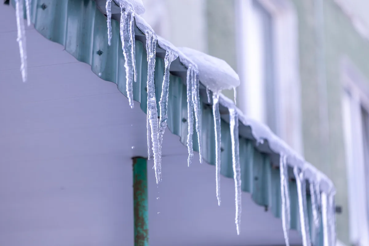 Icicles and snow load hanging from the edge of a metal roof in winter